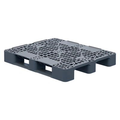 Пластиковый паллет 1200x1000x150 мм серый многооборотный перфорированный на 3-х полозьях с бортиком