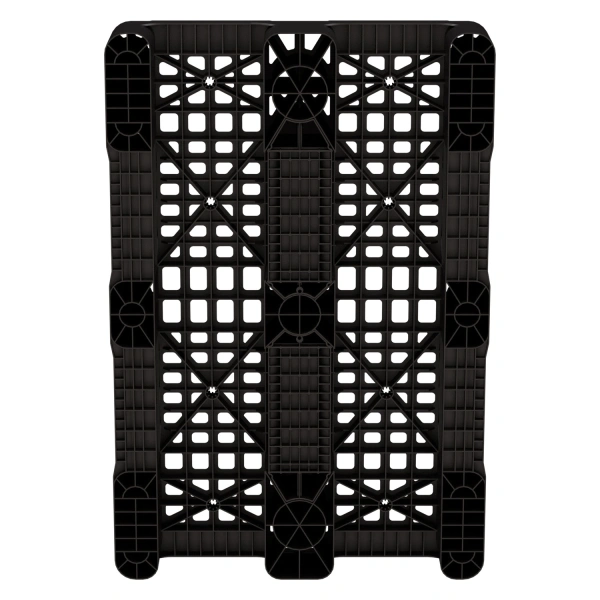 Пластиковый паллет 1200x800x150 мм чёрный перфорированный на 3-х полозьях с бортиком