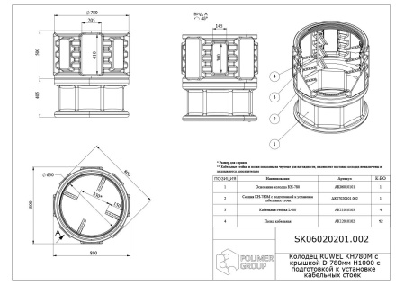 Колодец КН 780М/1000 с крышкой D 780 мм, с подготовкой к установке кабельных стоек