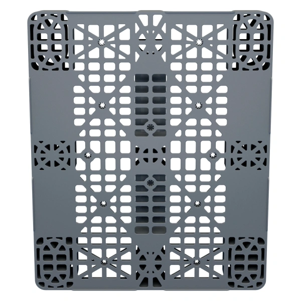 Пластиковый паллет 1200x1000x150 мм серый многооборотный перфорированный на 3-х полозьях с бортиком